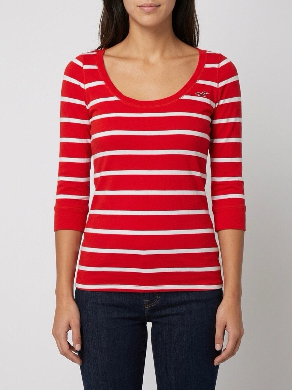 Hollister Logo Y2K Red White Striped Women S Shirt Tee Casual Layering Pullover